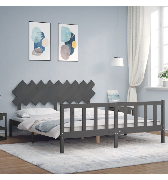 Cadre de lit avec tête de lit gris Super King Size bois massif | Mobilier & Déco