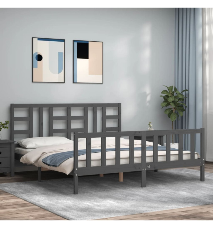Cadre de lit avec tête de lit gris 180x200 cm bois massif | Mobilier & Déco