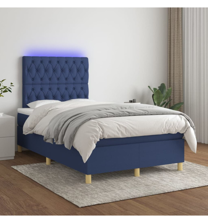 Sommier à lattes de lit et matelas et LED Bleu 120x200 cm Tissu | Mobilier & Déco