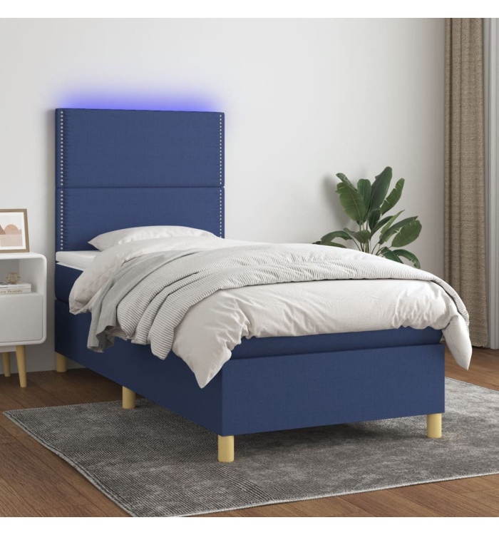 Sommier à lattes de lit avec matelas et LED Bleu 80x200cm Tissu | Mobilier & Déco