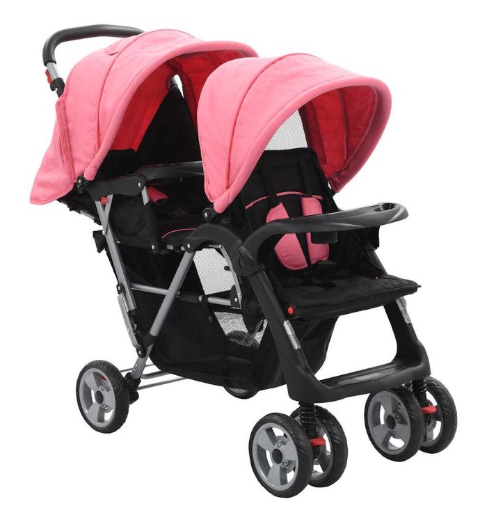 Poussette à deux places rose et noir acier | Mobilier & Déco