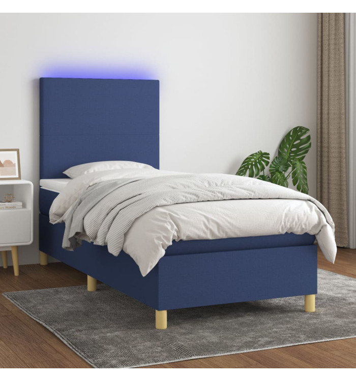 Sommier à lattes de lit et matelas et LED Bleu 100x200 cm Tissu | Mobilier & Déco