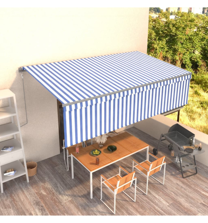 Auvent rétractable automatique avec store 5x3 m Bleu et blanc | Mobilier & Déco