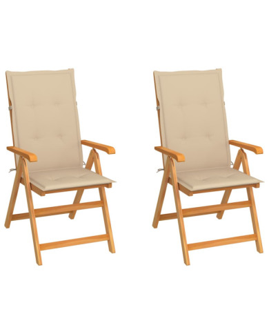 Chaises de jardin lot de 2 et coussins beige Bois teck massif | Mobilier & Déco