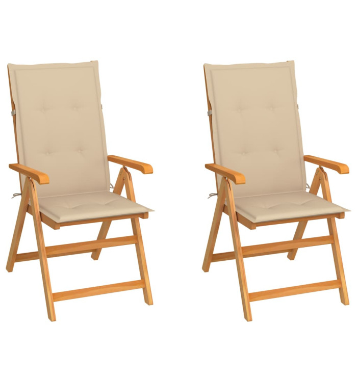 Chaises de jardin lot de 2 et coussins beige Bois teck massif | Mobilier & Déco