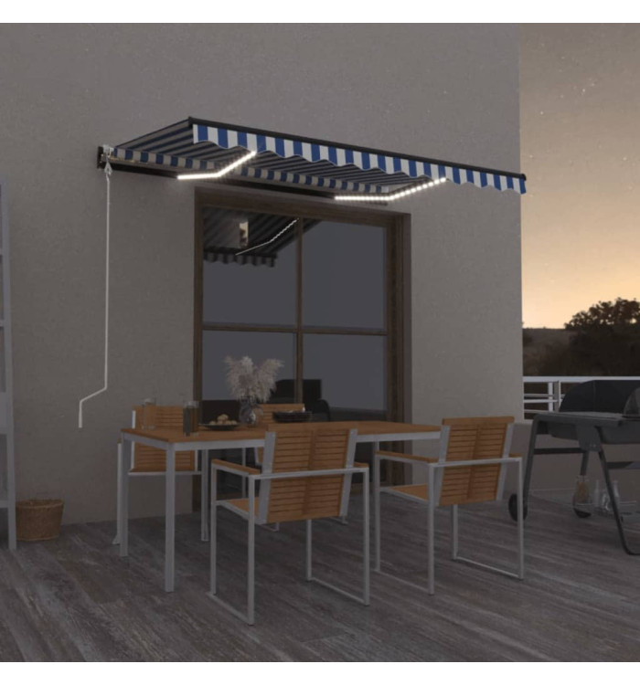 Auvent automatique capteur de vent/LED 350x250 cm Bleu et blanc | Mobilier & Déco