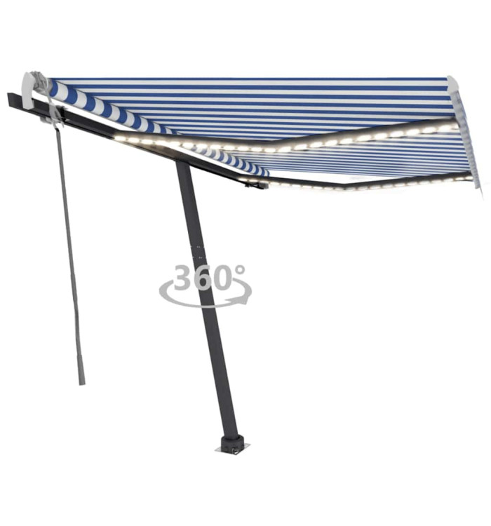 Auvent manuel rétractable avec LED 300x250 cm Bleu et blanc | Mobilier & Déco