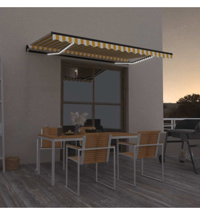 Auvent manuel rétractable avec LED 450x300 cm Jaune et blanc | Mobilier & Déco