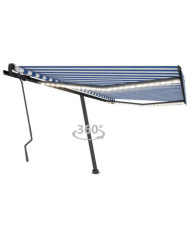 Auvent manuel rétractable avec LED 400x300 cm Bleu et blanc | Mobilier & Déco