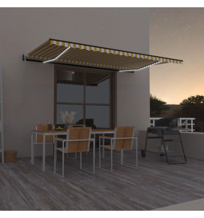 Auvent automatique capteur de vent LED 500x350cm Jaune et blanc | Mobilier & Déco