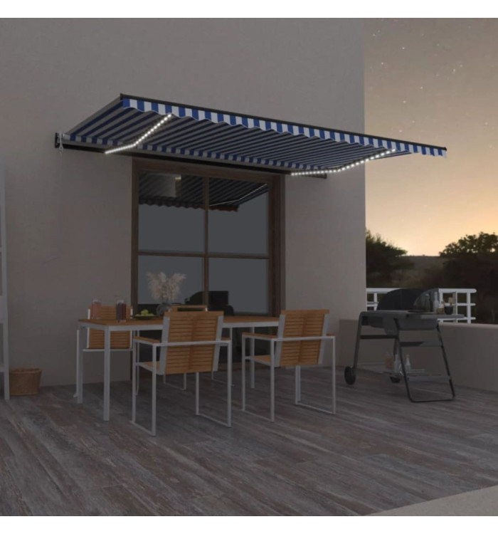 Auvent automatique capteur de vent LED 500x350 cm Bleu et blanc | Mobilier & Déco