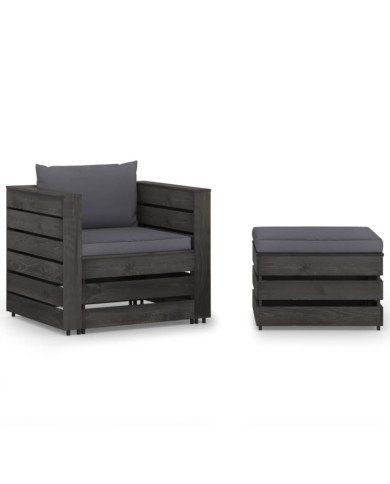 Salon de jardin 2 pcs avec coussins Bois imprégné de gris | Mobilier & Déco