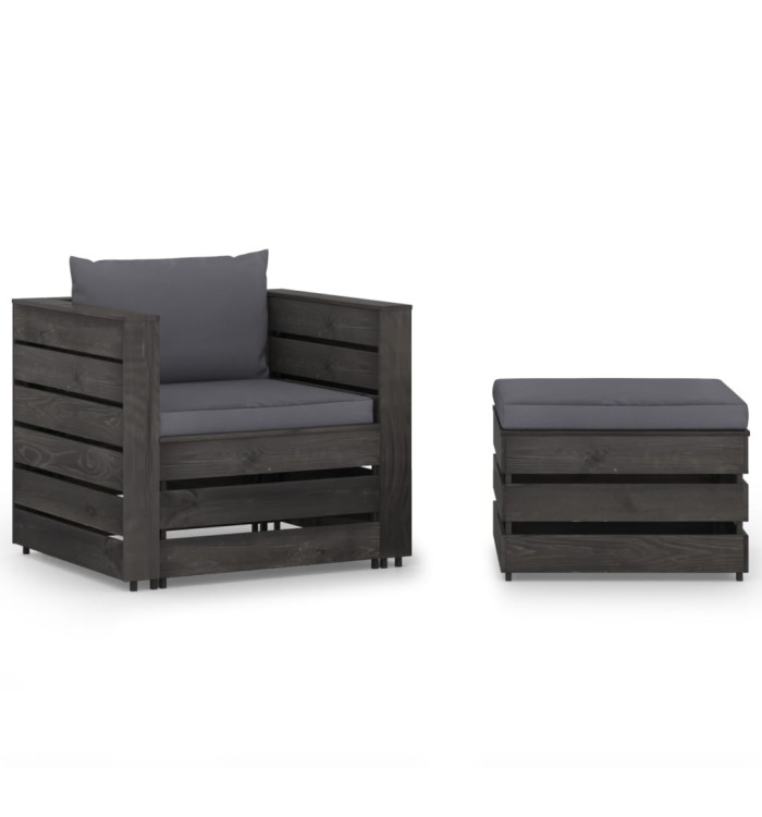Salon de jardin 2 pcs avec coussins Bois imprégné de gris | Mobilier & Déco