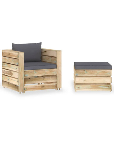 Salon de jardin 2 pcs avec coussins Bois imprégné de vert | Mobilier & Déco