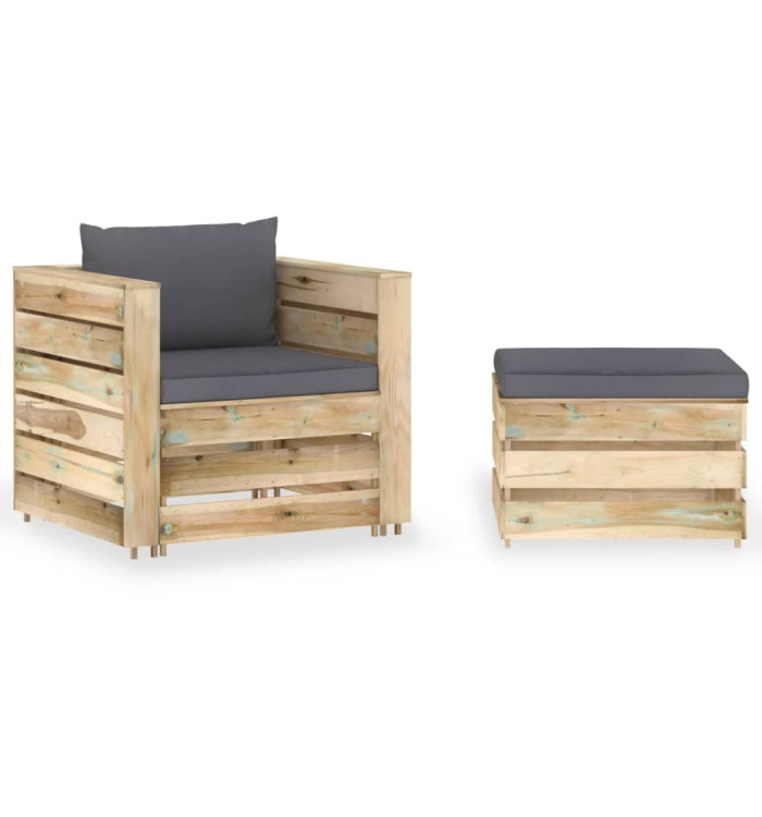 Salon de jardin 2 pcs avec coussins Bois imprégné de vert | Mobilier & Déco