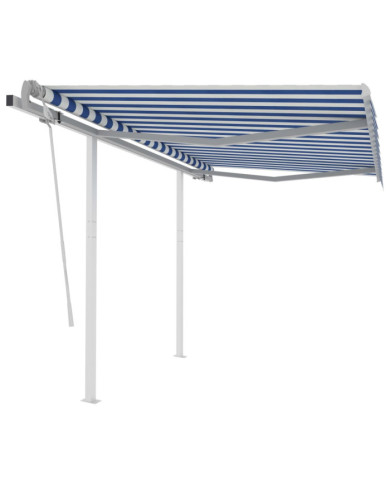 Auvent manuel rétractable avec poteaux 3,5x2,5 m Bleu et blanc | Mobilier & Déco