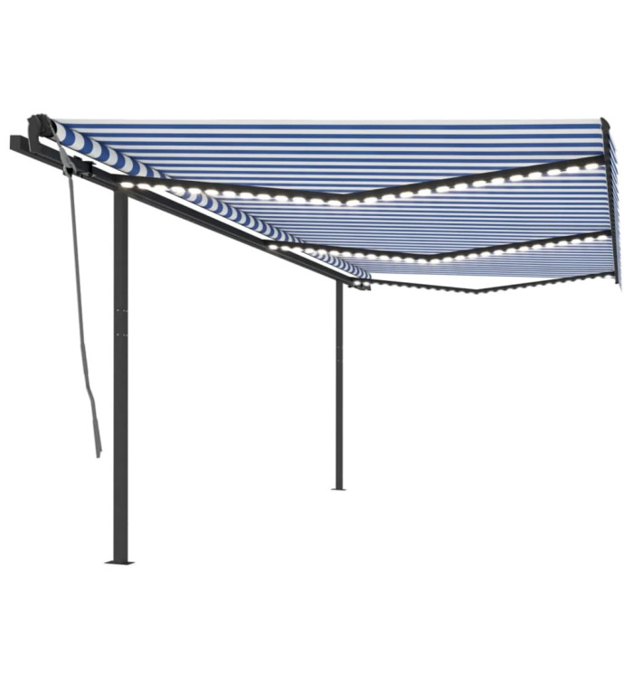 Auvent automatique capteur de vent et LED 6x3,5 m Bleu et blanc | Mobilier & Déco