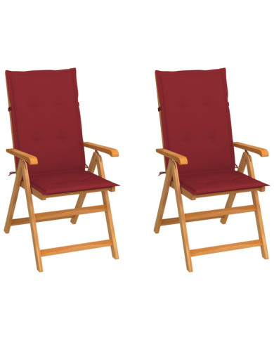 Chaises de jardin lot de 2 et coussins bordeaux Teck massif | Mobilier & Déco