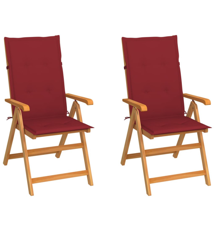 Chaises de jardin lot de 2 et coussins bordeaux Teck massif | Mobilier & Déco