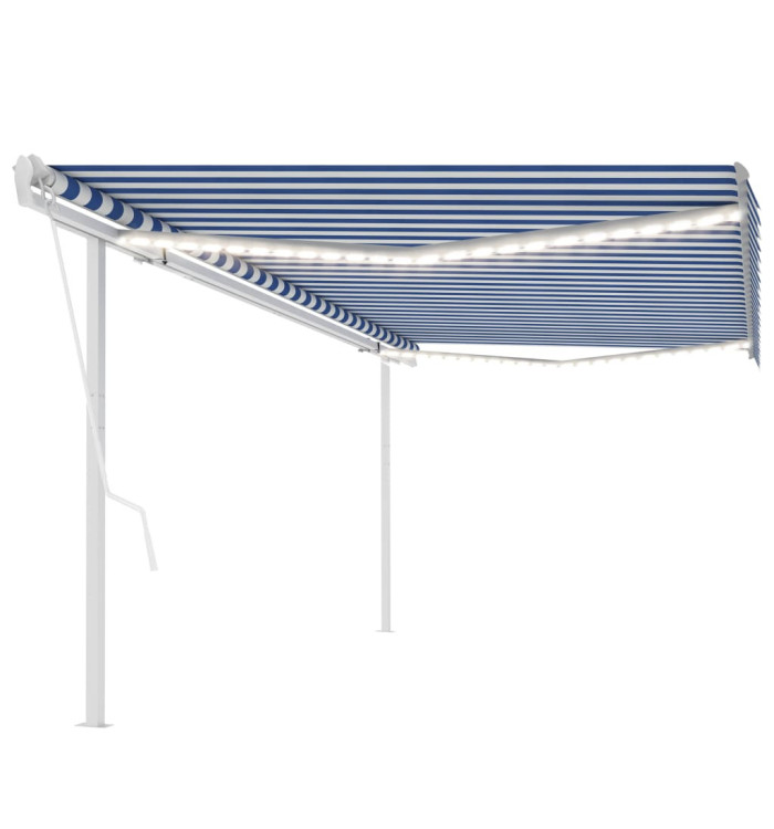 Auvent automatique capteur de vent et LED 5x3,5 m Bleu et blanc | Mobilier & Déco