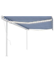 Auvent automatique capteur de vent et LED 5x3,5 m Bleu et blanc | Mobilier & Déco