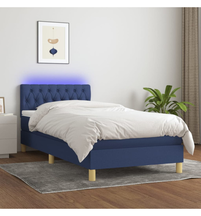 Sommier à lattes de lit avec matelas et LED Bleu 90x200cm Tissu | Mobilier & Déco
