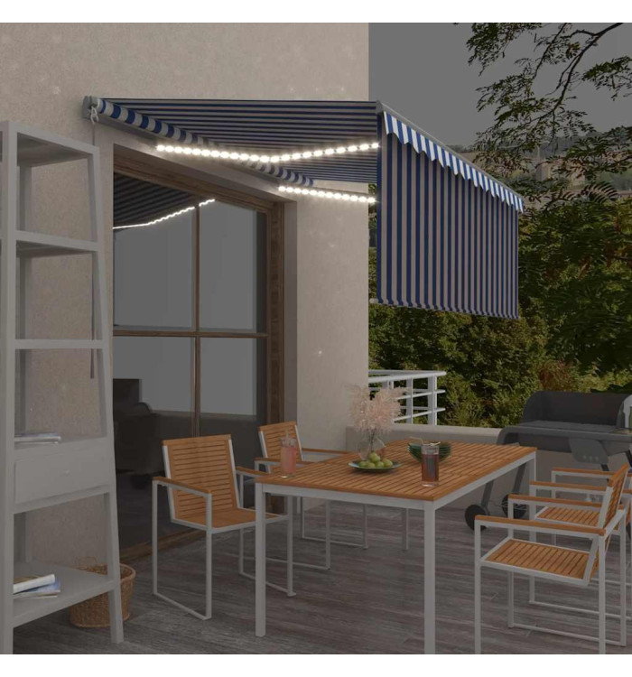 Auvent manuel rétractable et store et LED 3x2,5 m Bleu et blanc | Mobilier & Déco