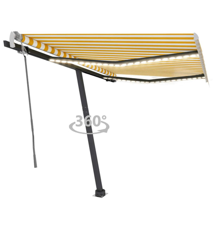 Auvent manuel rétractable avec LED 300x250 cm Jaune et blanc | Mobilier & Déco