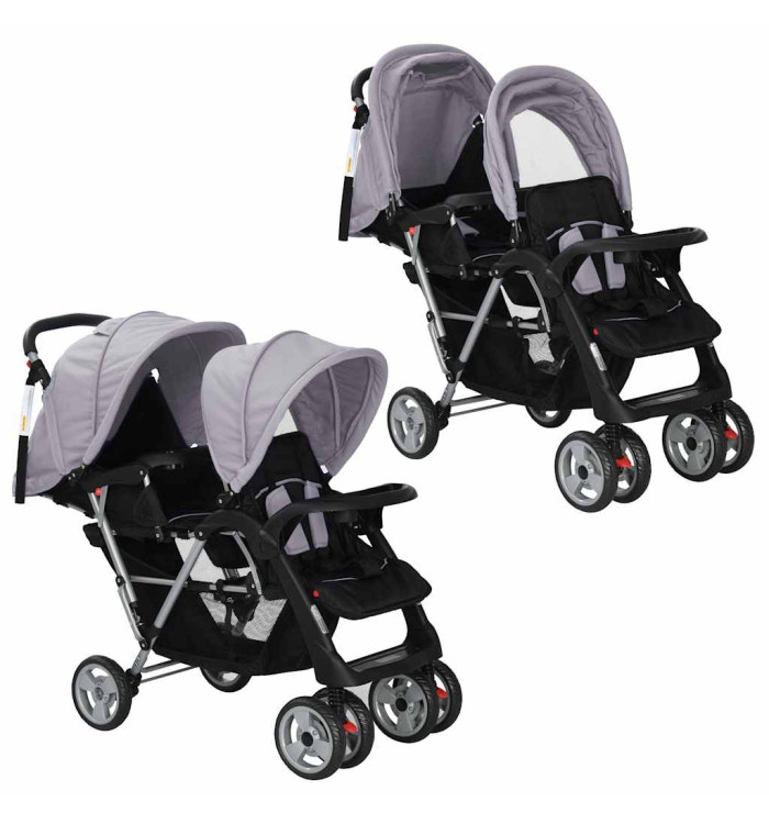 Poussette à deux places acier gris et noir | Mobilier & Déco