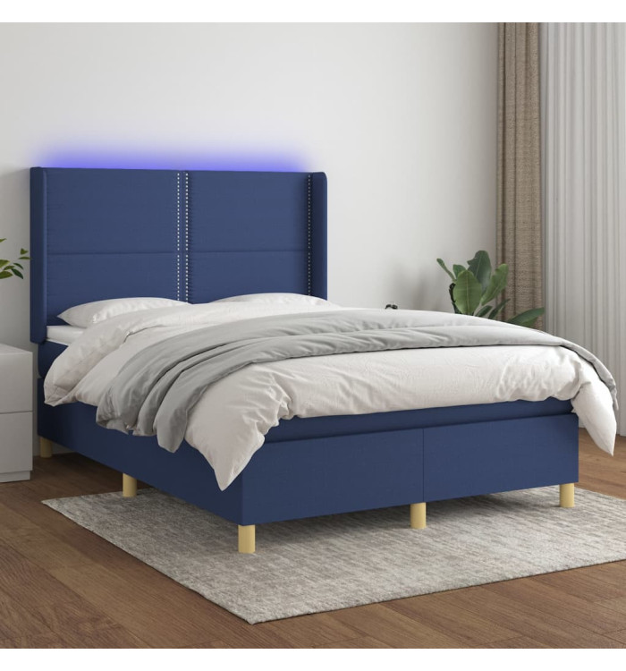 Sommier à lattes de lit matelas et LED Bleu 140x190 cm Tissu | Mobilier & Déco