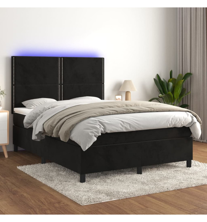 Sommier à lattes de lit matelas et LED Noir 140x190 cm Velours | Mobilier & Déco