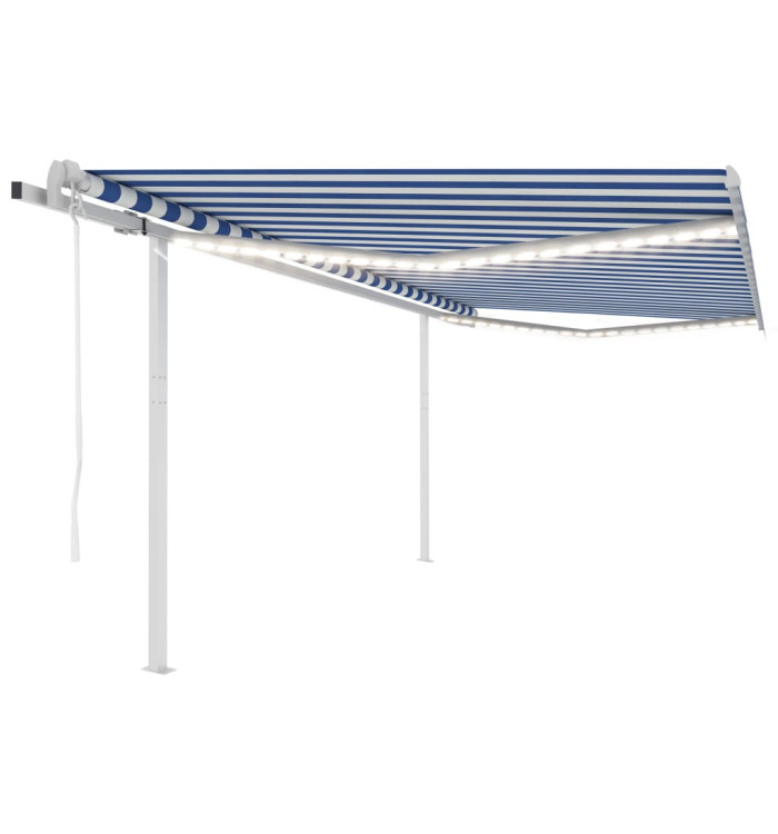 Auvent automatique capteur de vent/LED 4x3,5 m Bleu et blanc | Mobilier & Déco