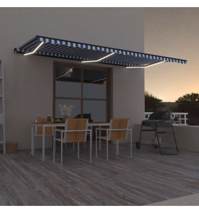 Auvent manuel rétractable avec LED 600x300 cm Bleu et blanc | Mobilier & Déco