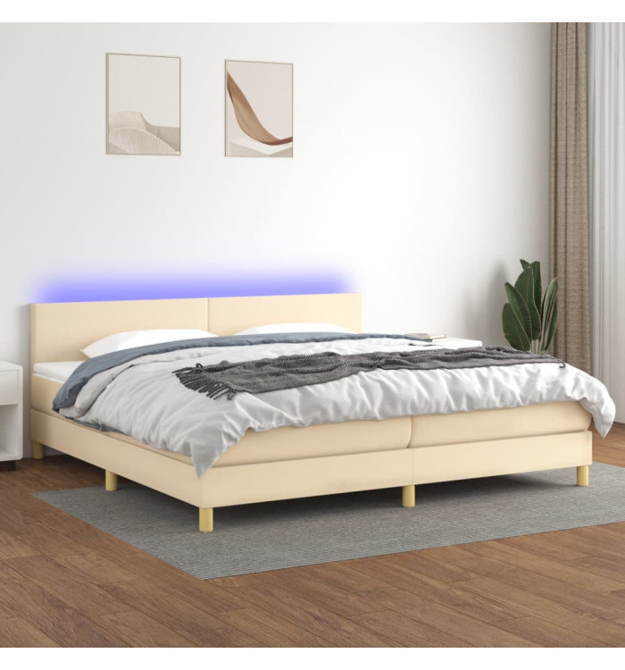 Sommier à lattes de lit et matelas et LED Crème 200x200cm Tissu | Mobilier & Déco