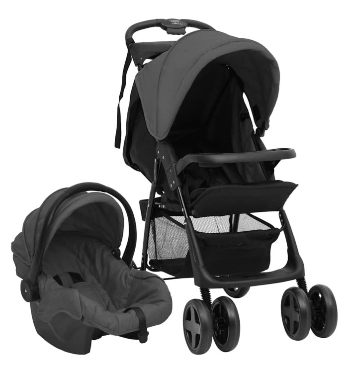 Poussette pour bébé 3-en-1 Gris foncé et noir Acier | Mobilier & Déco