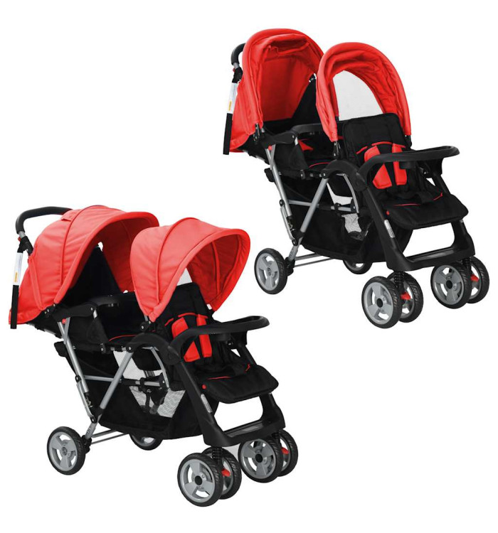 Poussette à deux places acier rouge et noir | Mobilier & Déco