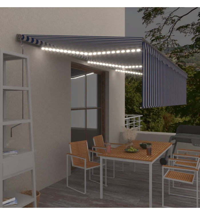 Auvent automatique store capteur de vent LED 6x3 m Bleu blanc | Mobilier & Déco