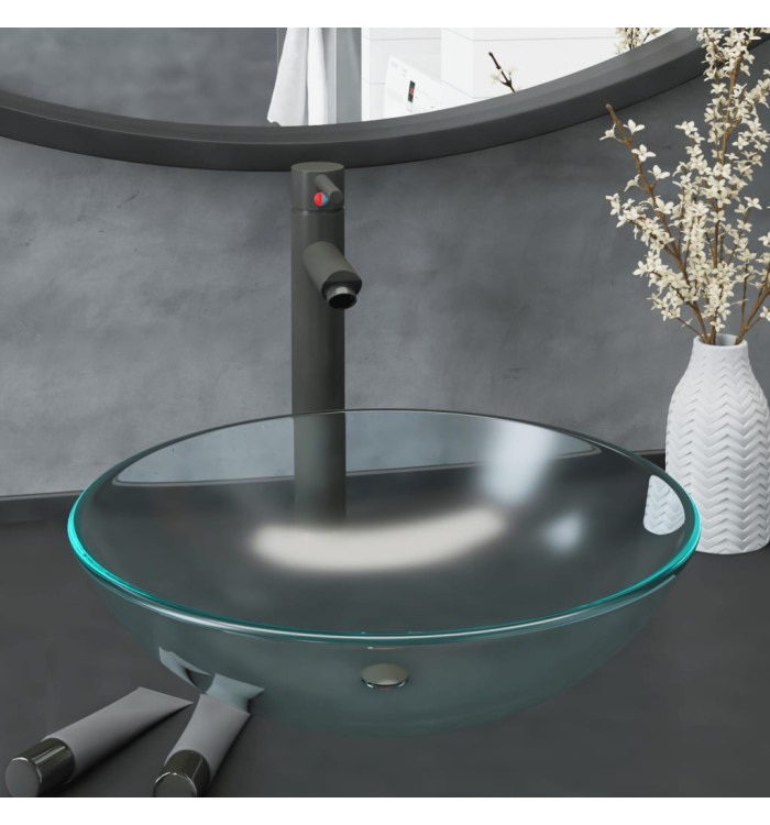 Lavabo de bain avec robinet et drain à poussoir Verre trempé | Mobilier & Déco