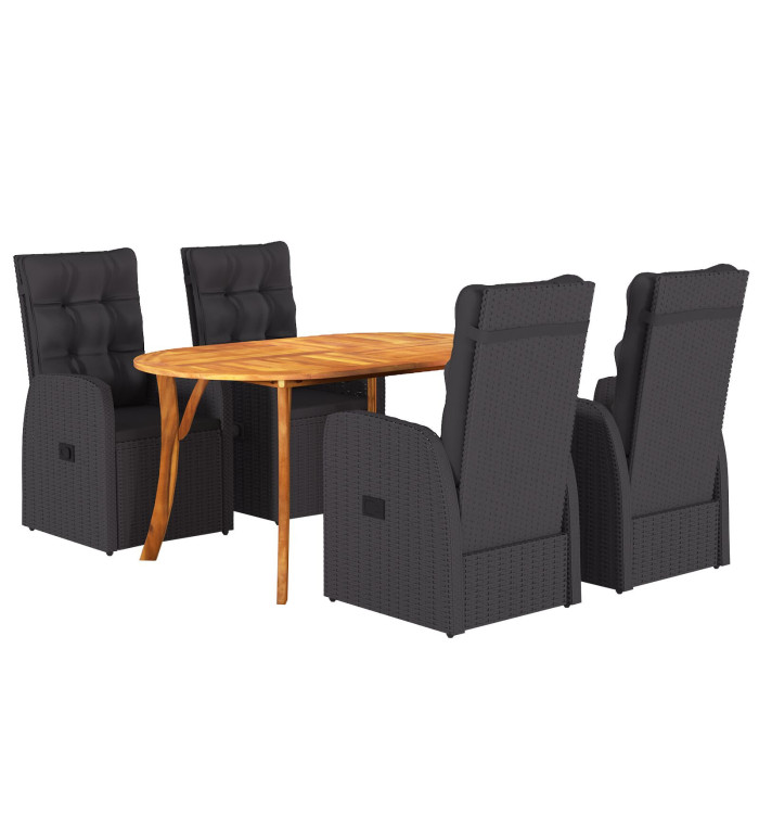 Set de jardin de 5 pièces avec coussins en poly rotin noir et acacia | Mobilier & Déco