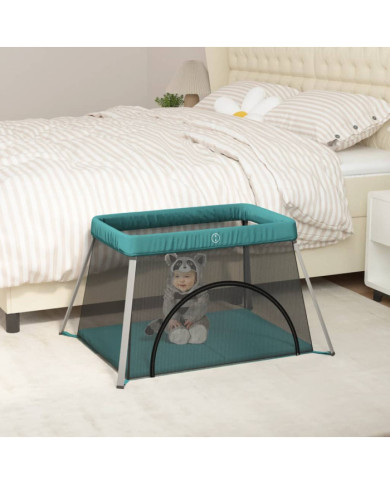 Parc pour bébé avec matelas Vert Tissu de lin | Mobilier & Déco