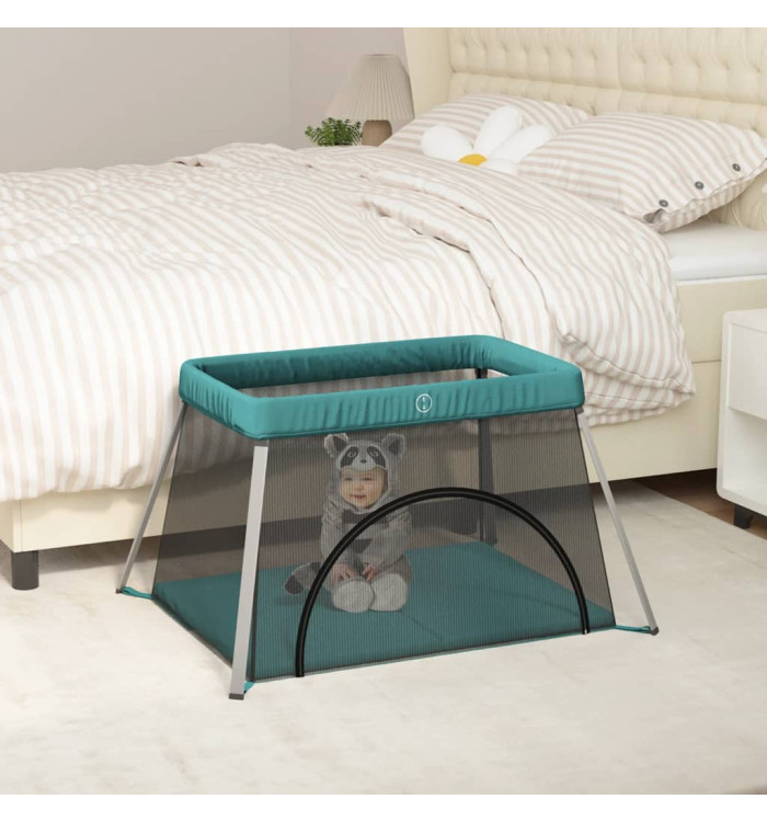 Parc pour bébé avec matelas Vert Tissu de lin | Mobilier & Déco