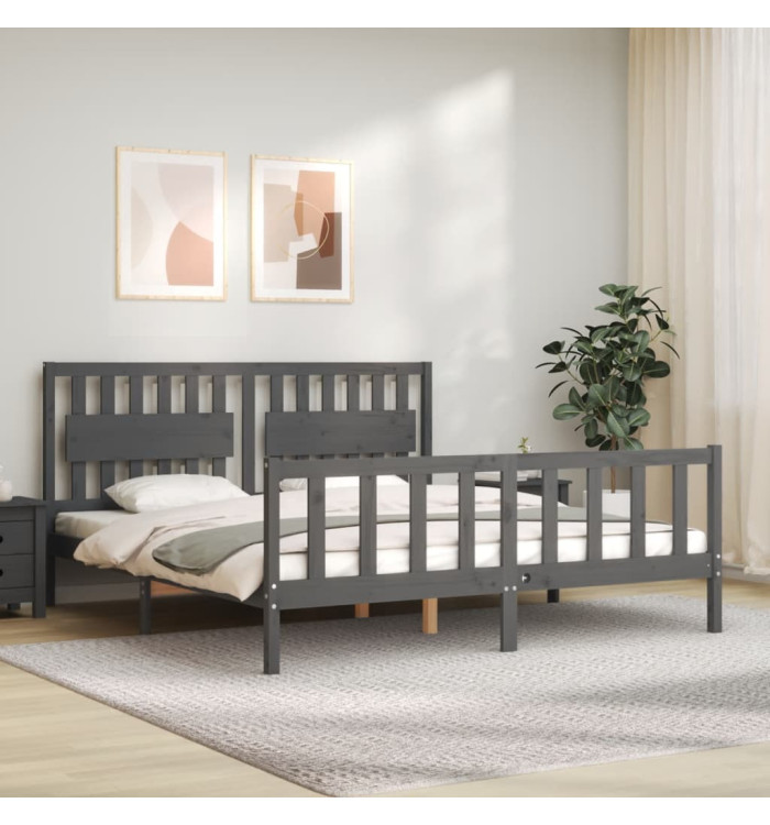 Cadre de lit avec tête de lit gris Super King Size bois massif | Mobilier & Déco