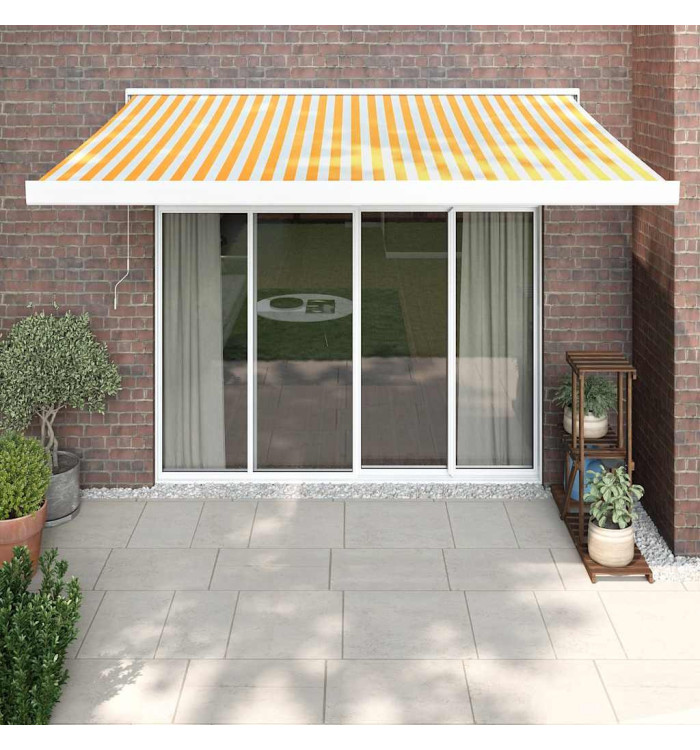 Auvent rétractable jaune et blanc 3,5x2,5 m tissu et aluminium | Mobilier & Déco