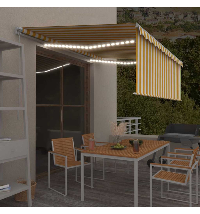 Auvent manuel rétractable avec store et LED 4x3m Jaune et blanc | Mobilier & Déco