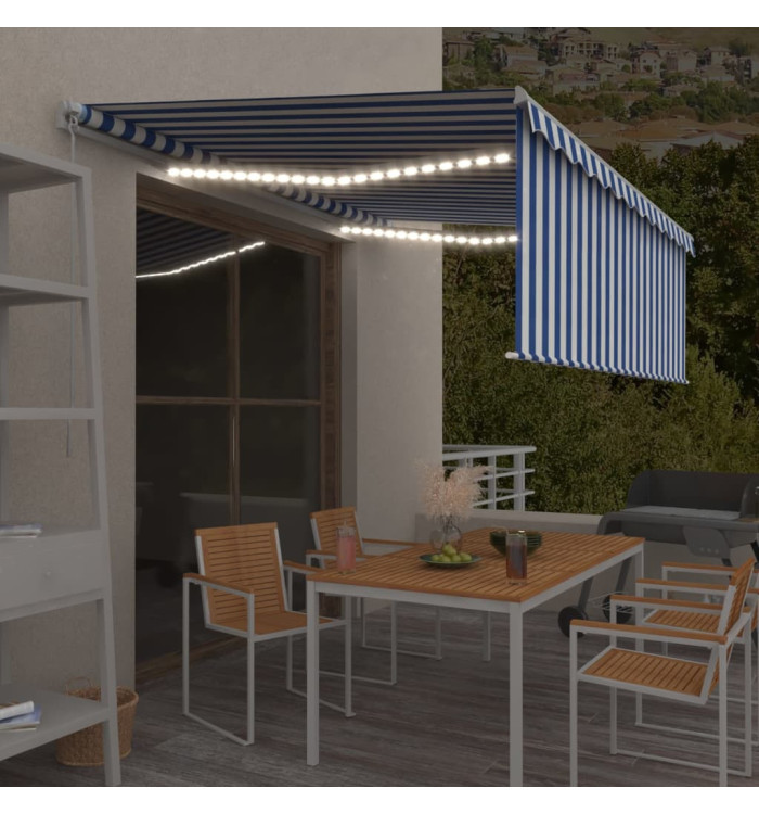 Auvent manuel rétractable avec store et LED 4x3 m Bleu et blanc | Mobilier & Déco
