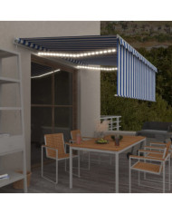 Auvent manuel rétractable avec store et LED 4x3 m Bleu et blanc | Mobilier & Déco