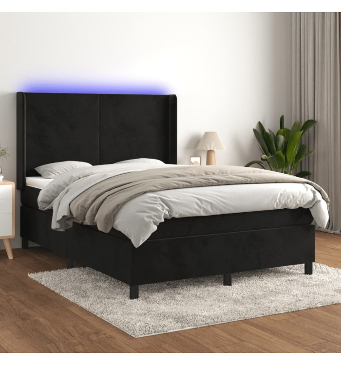 Sommier à lattes de lit matelas et LED Noir 140x190 cm Velours | Mobilier & Déco