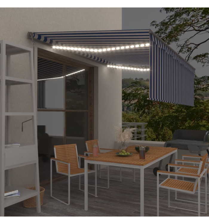 Auvent automatique store capteur de vent LED 4,5x3 m Bleu blanc | Mobilier & Déco