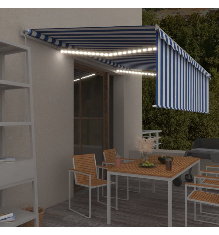 Auvent rétractable manuel avec store et LED 5x3 m Bleu et blanc | Mobilier & Déco