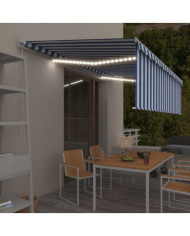 Auvent rétractable manuel avec store et LED 5x3 m Bleu et blanc | Mobilier & Déco